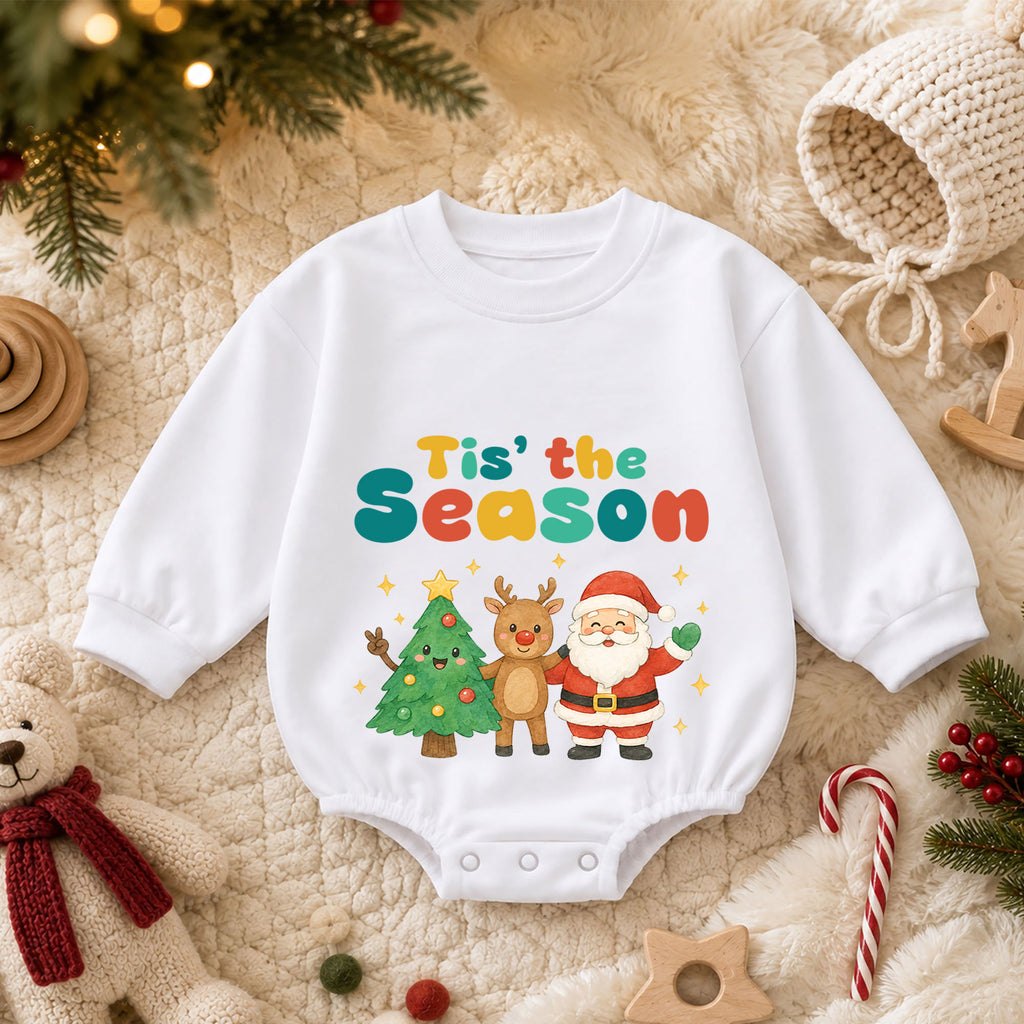 Tis the Season Baby Romper, Santa Reindeer Christmas Outfit, Cute Holiday Romper, Toddler Xmas Gift, Baby 1st Christmas — product view 3
