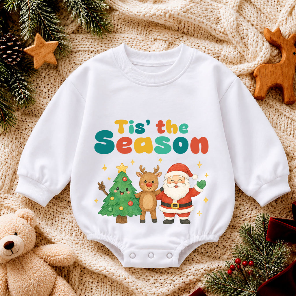 Tis the Season Baby Romper, Santa Reindeer Christmas Outfit, Cute Holiday Romper, Toddler Xmas Gift, Baby 1st Christmas — product view 4