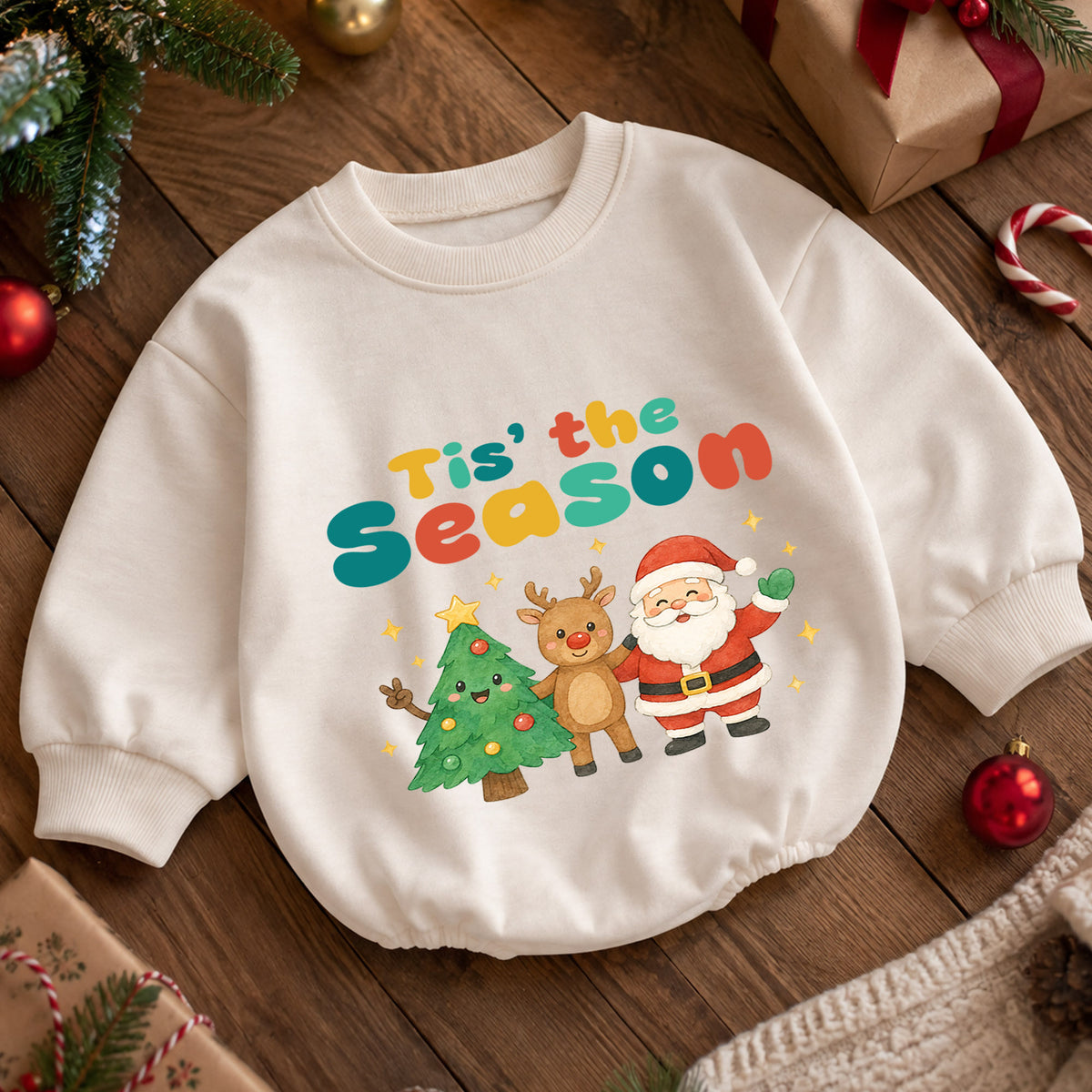 Tis the Season Baby Romper, Santa Reindeer Christmas Outfit, Cute Holiday Romper, Toddler Xmas Gift, Baby 1st Christmas — product view 5