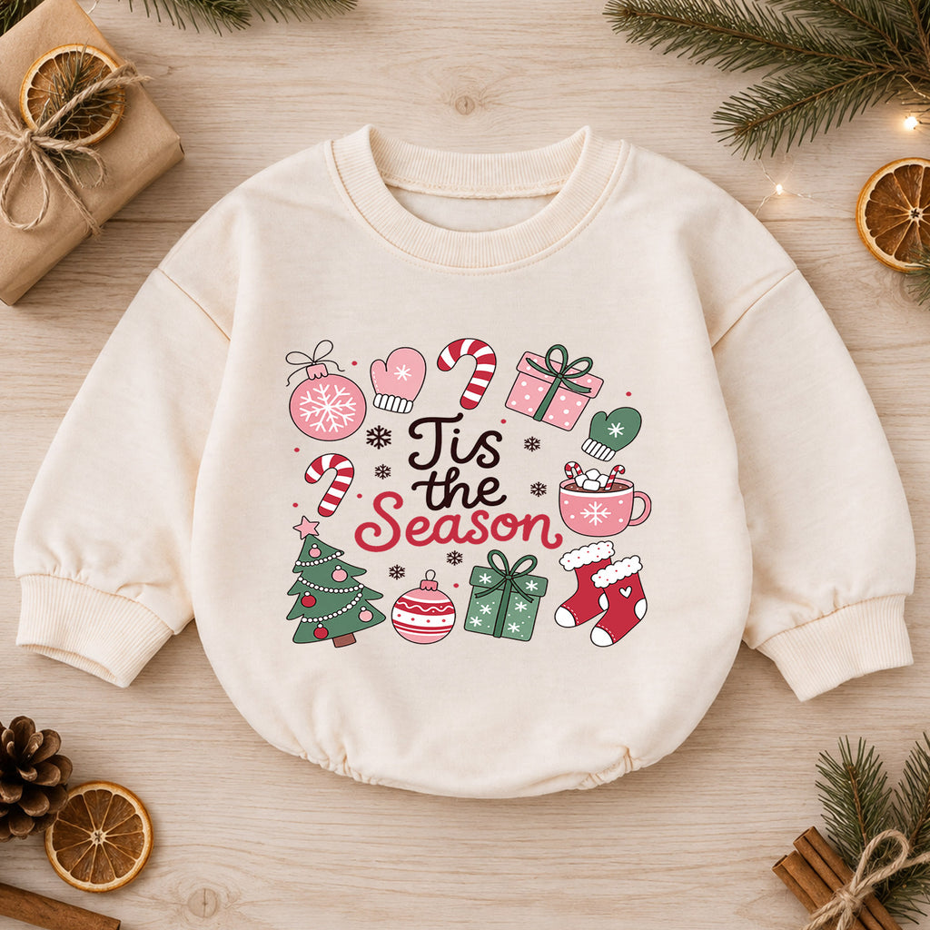 Christmas Baby Romper, Tis the Season Holiday Icons Outfit, Cute Pink Xmas Romper, Toddler Christmas Gift, 1st Christmas — product view 1
