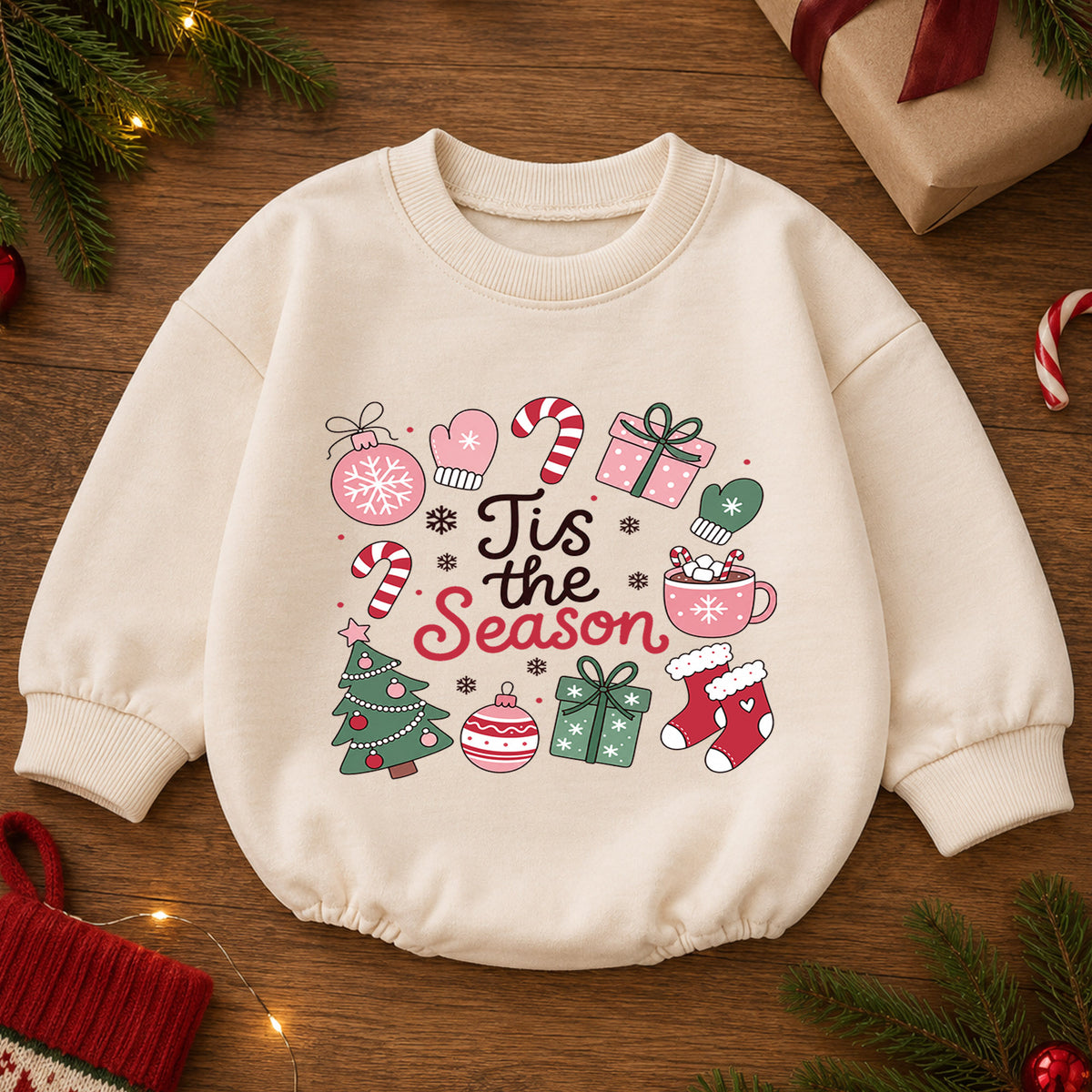 Christmas Baby Romper, Tis the Season Holiday Icons Outfit, Cute Pink Xmas Romper, Toddler Christmas Gift, 1st Christmas — product view 2