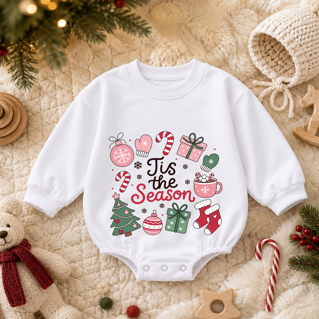 Christmas Baby Romper, Tis the Season Holiday Icons Outfit, Cute Pink Xmas Romper, Toddler Christmas Gift, 1st Christmas — product view 3