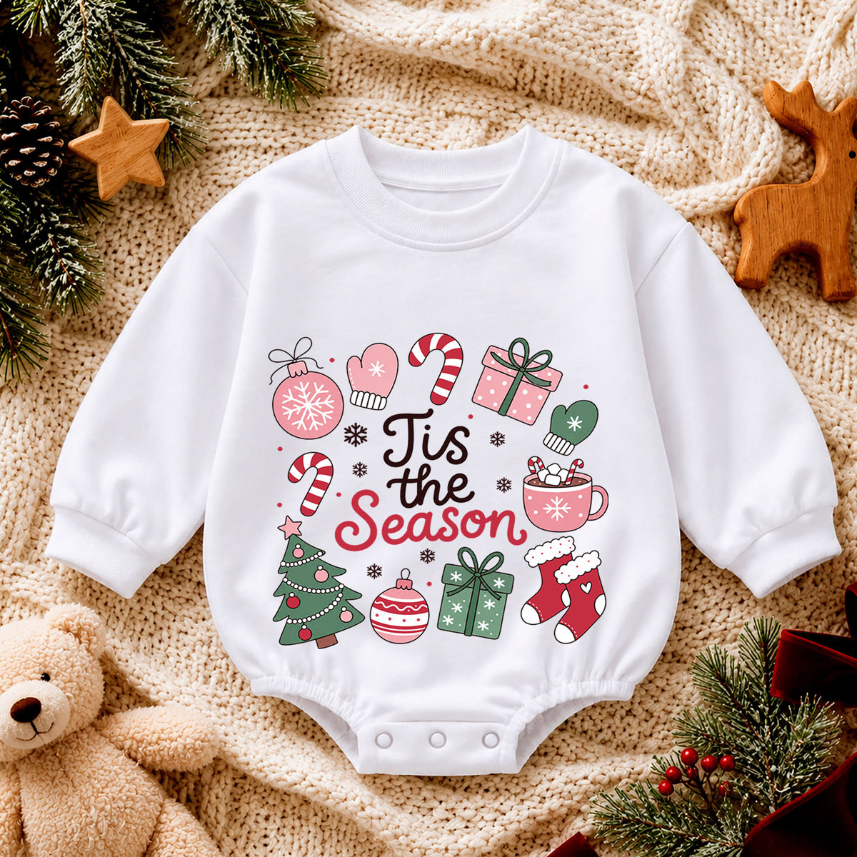 Christmas Baby Romper, Tis the Season Holiday Icons Outfit, Cute Pink Xmas Romper, Toddler Christmas Gift, 1st Christmas — product view 4