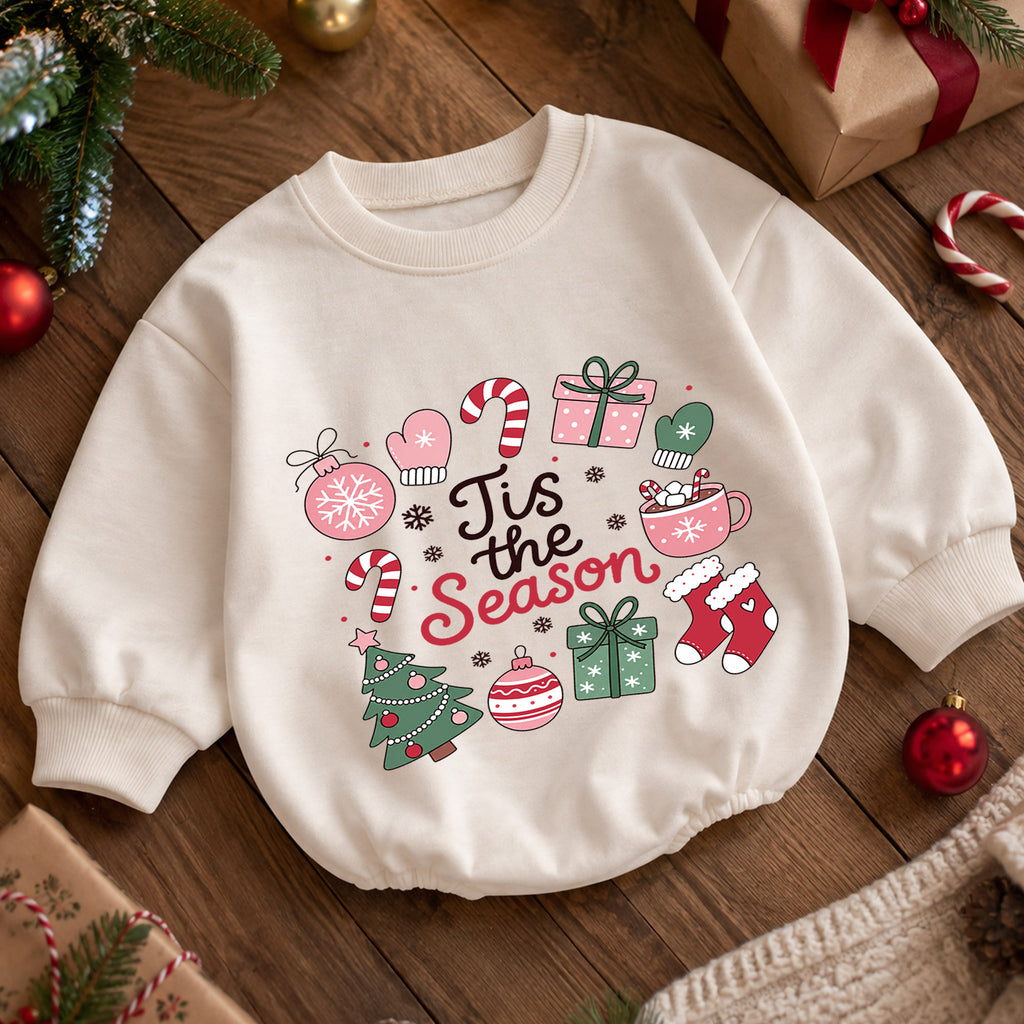 Christmas Baby Romper, Tis the Season Holiday Icons Outfit, Cute Pink Xmas Romper, Toddler Christmas Gift, 1st Christmas — product view 5