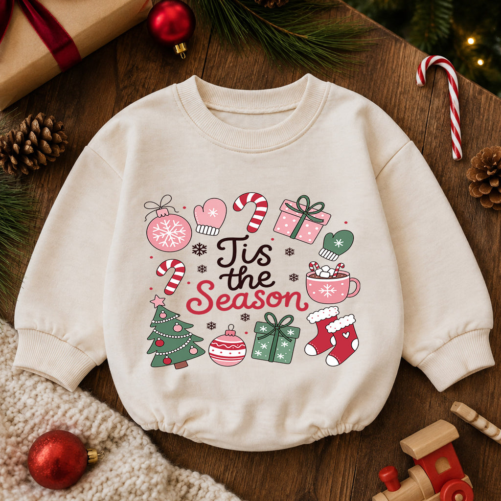 Christmas Baby Romper, Tis the Season Holiday Icons Outfit, Cute Pink Xmas Romper, Toddler Christmas Gift, 1st Christmas — product view 6