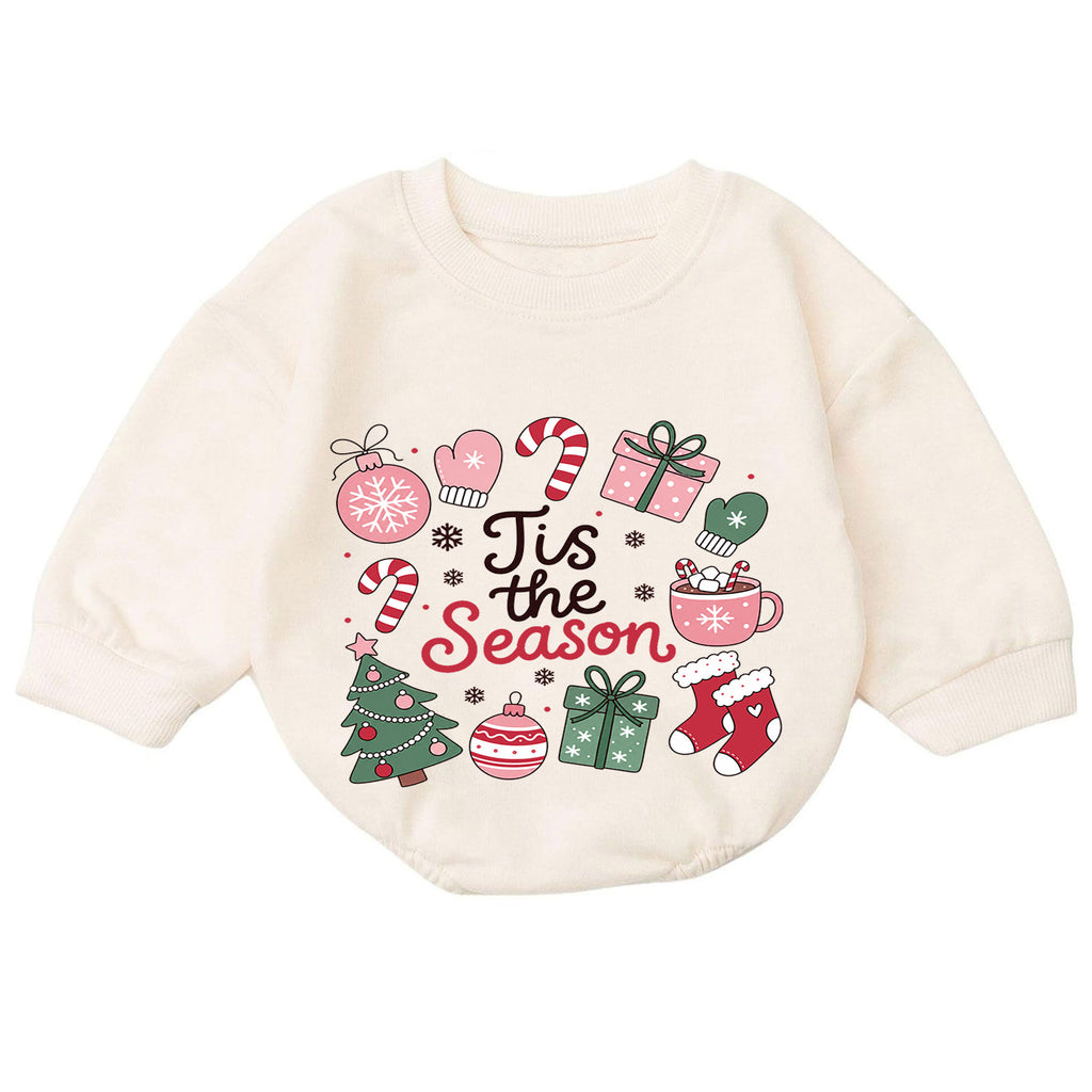 Christmas Baby Romper, Tis the Season Holiday Icons Outfit, Cute Pink Xmas Romper, Toddler Christmas Gift, 1st Christmas — product view 7