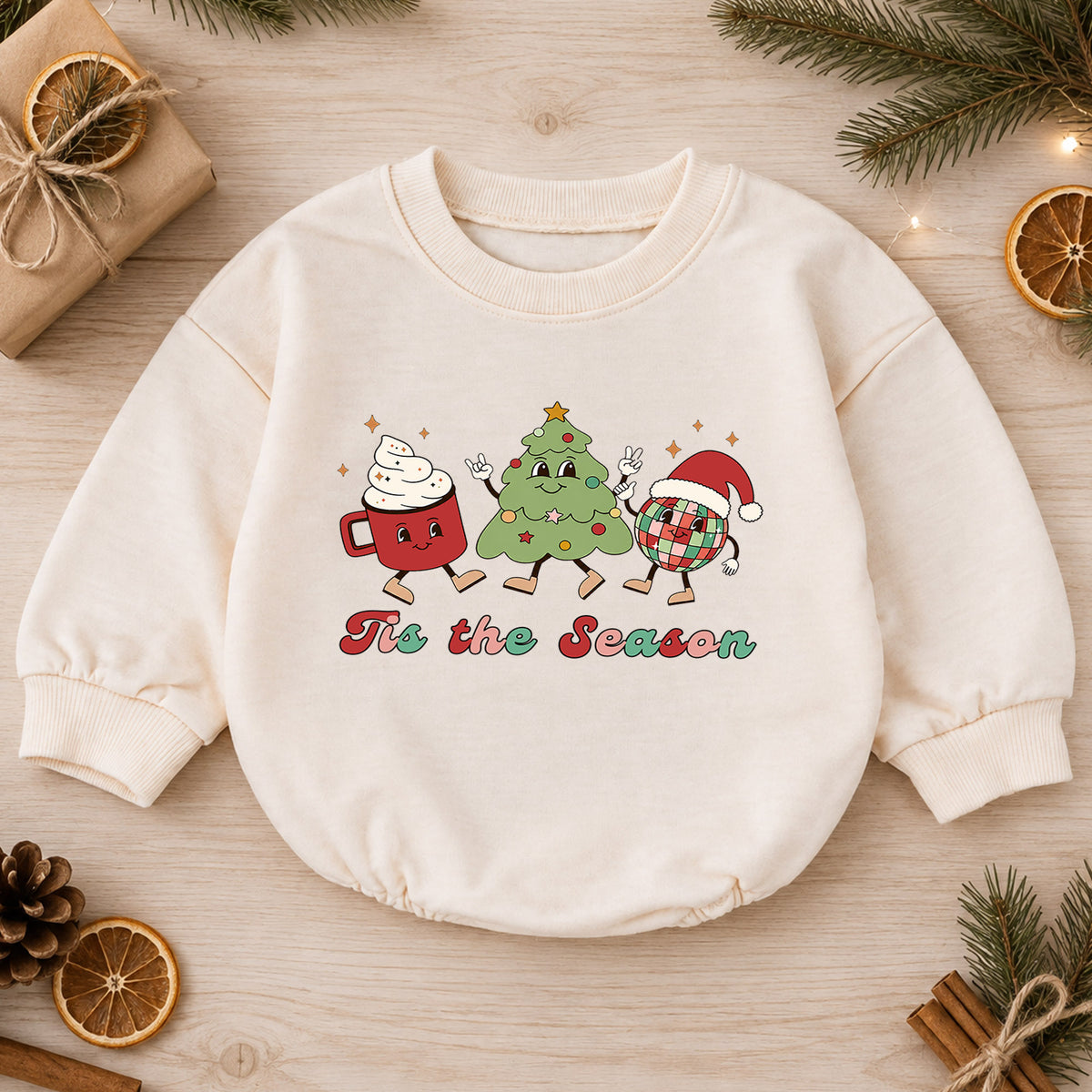 Retro Christmas Baby Romper, Tis the Season Holiday Character Outfit, Cute Toddler Xmas Romper, Baby 1st Christmas Gift — product view 1