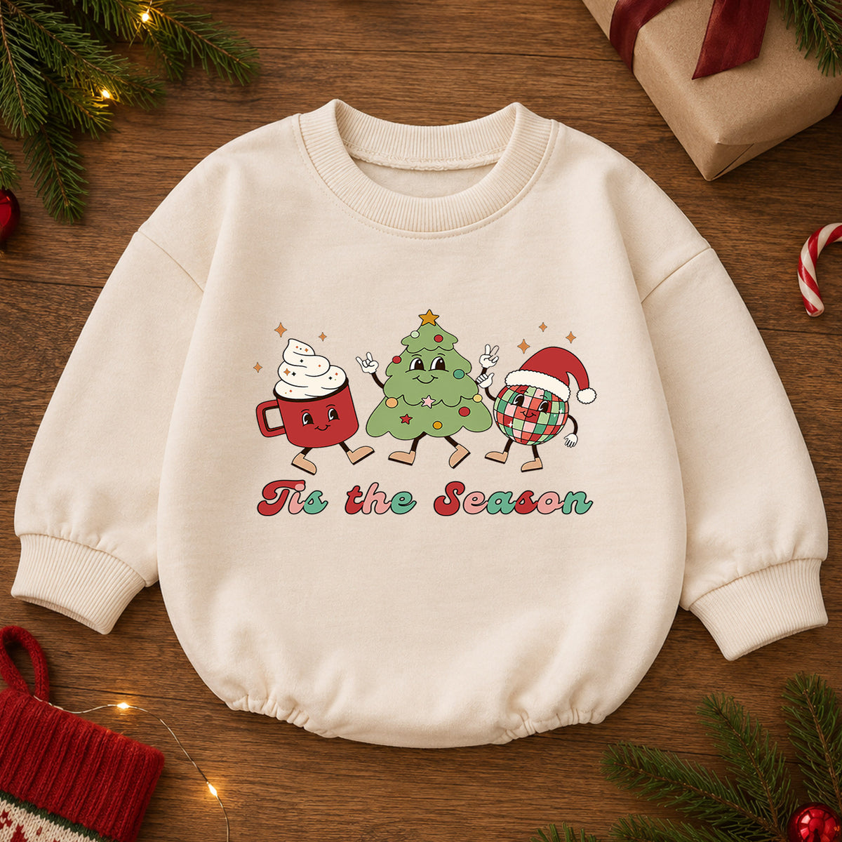 Retro Christmas Baby Romper, Tis the Season Holiday Character Outfit, Cute Toddler Xmas Romper, Baby 1st Christmas Gift — product view 2