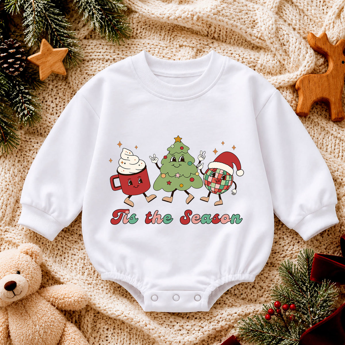 Retro Christmas Baby Romper, Tis the Season Holiday Character Outfit, Cute Toddler Xmas Romper, Baby 1st Christmas Gift — product view 4