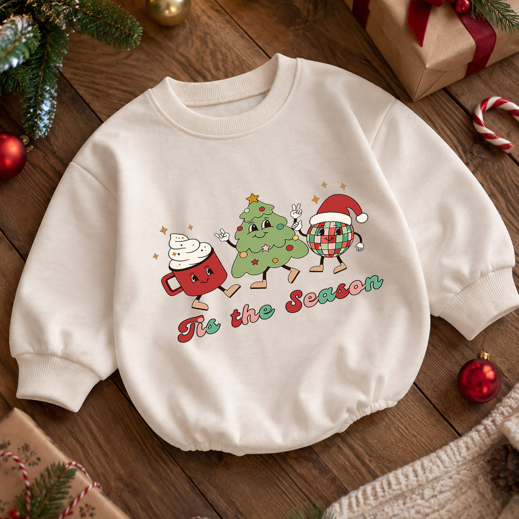 Retro Christmas Baby Romper, Tis the Season Holiday Character Outfit, Cute Toddler Xmas Romper, Baby 1st Christmas Gift — product view 5