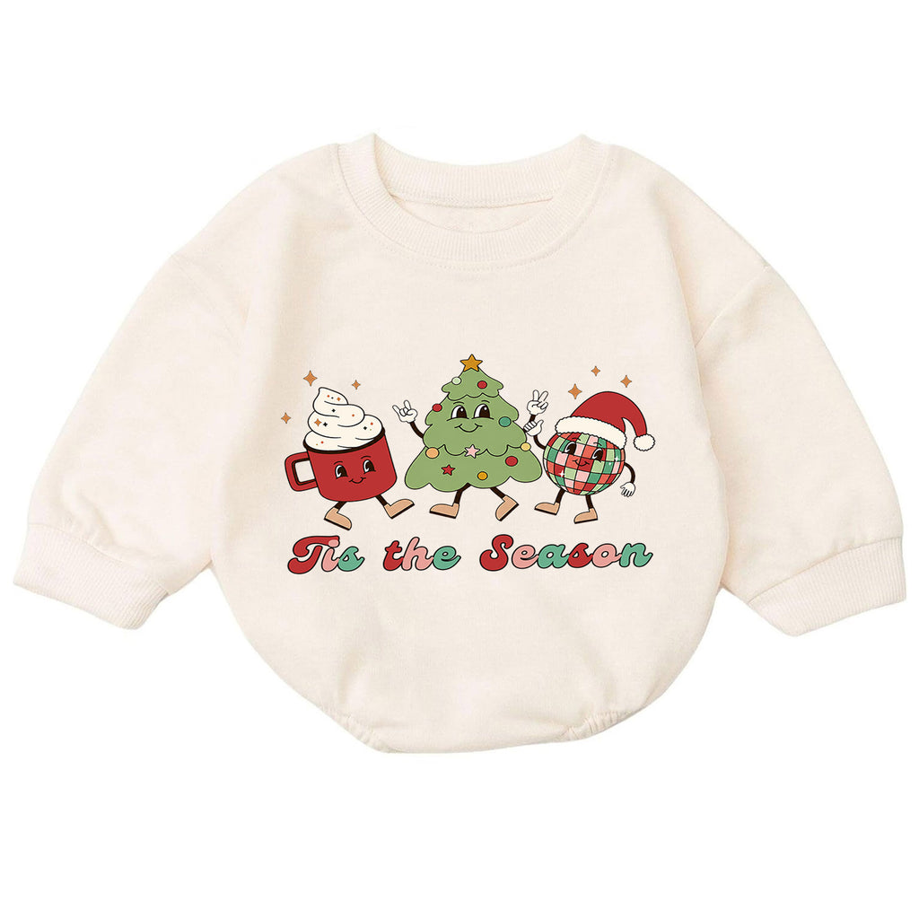 Retro Christmas Baby Romper, Tis the Season Holiday Character Outfit, Cute Toddler Xmas Romper, Baby 1st Christmas Gift — product view 7