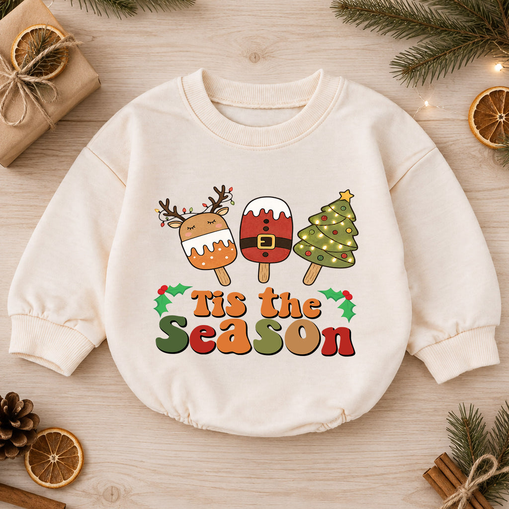 Tis the Season Baby Romper, Christmas Popsicle Outfit, Cute Reindeer Santa Tree Romper, Toddler Xmas Gift, 1st Christmas — product view 1