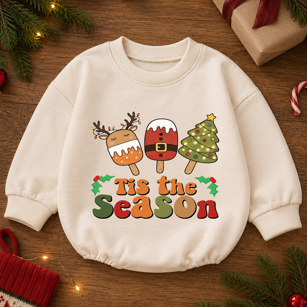 Tis the Season Baby Romper, Christmas Popsicle Outfit, Cute Reindeer Santa Tree Romper, Toddler Xmas Gift, 1st Christmas — product view 2