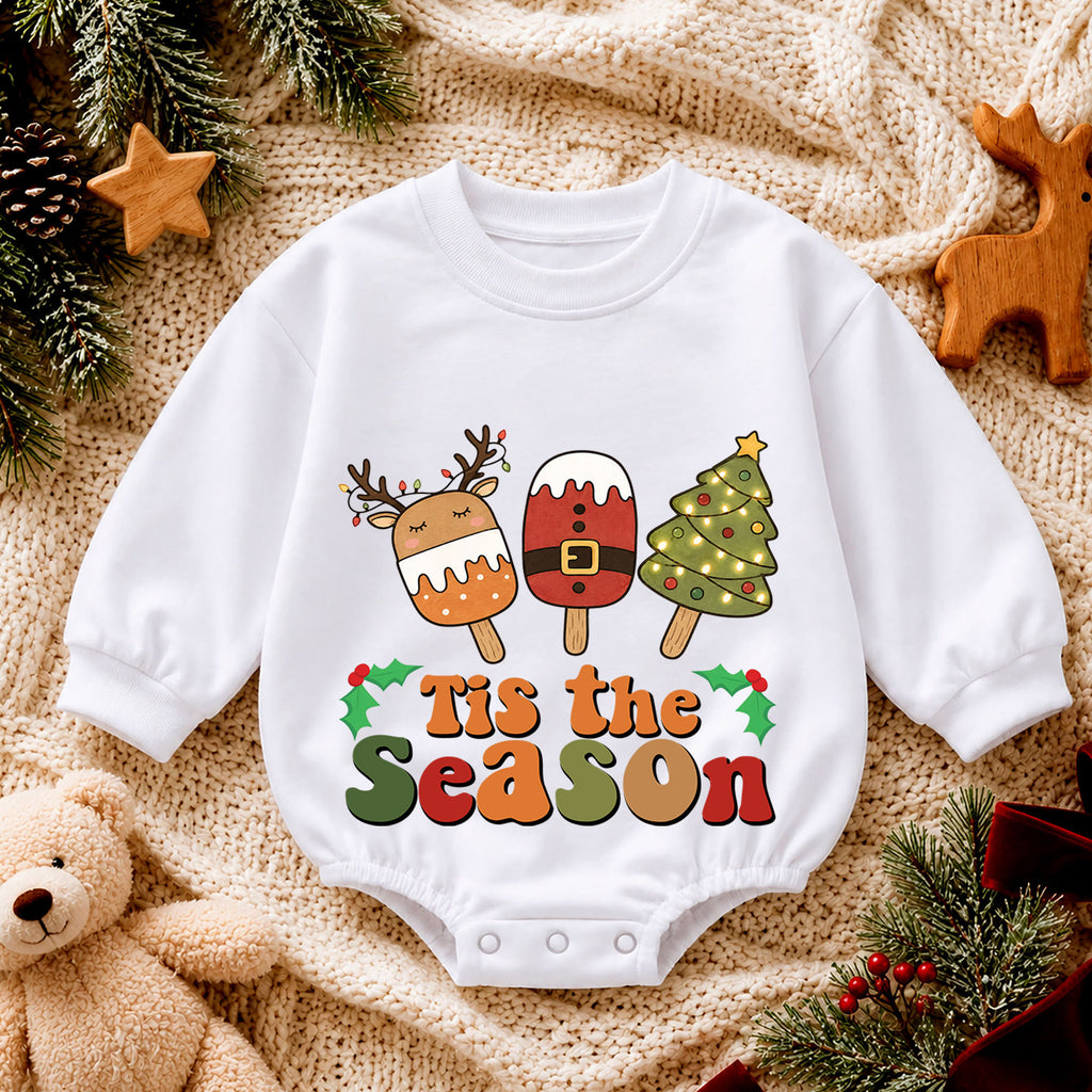 Tis the Season Baby Romper, Christmas Popsicle Outfit, Cute Reindeer Santa Tree Romper, Toddler Xmas Gift, 1st Christmas — product view 4