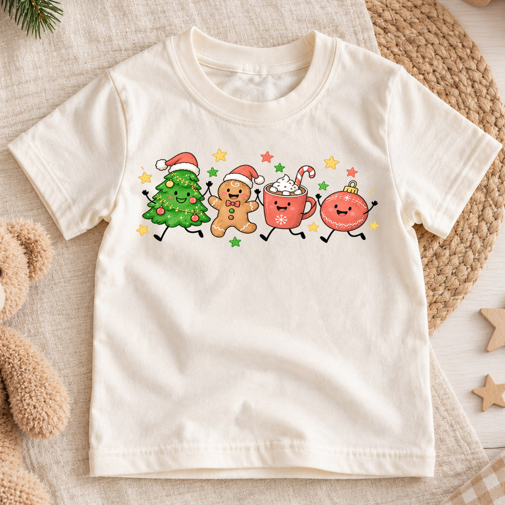 Christmas Characters Kids Shirt, Tree Gingerbread Cocoa Ornament Holiday Tee, Cute Festive Xmas T Shirt for Kids — product view 1