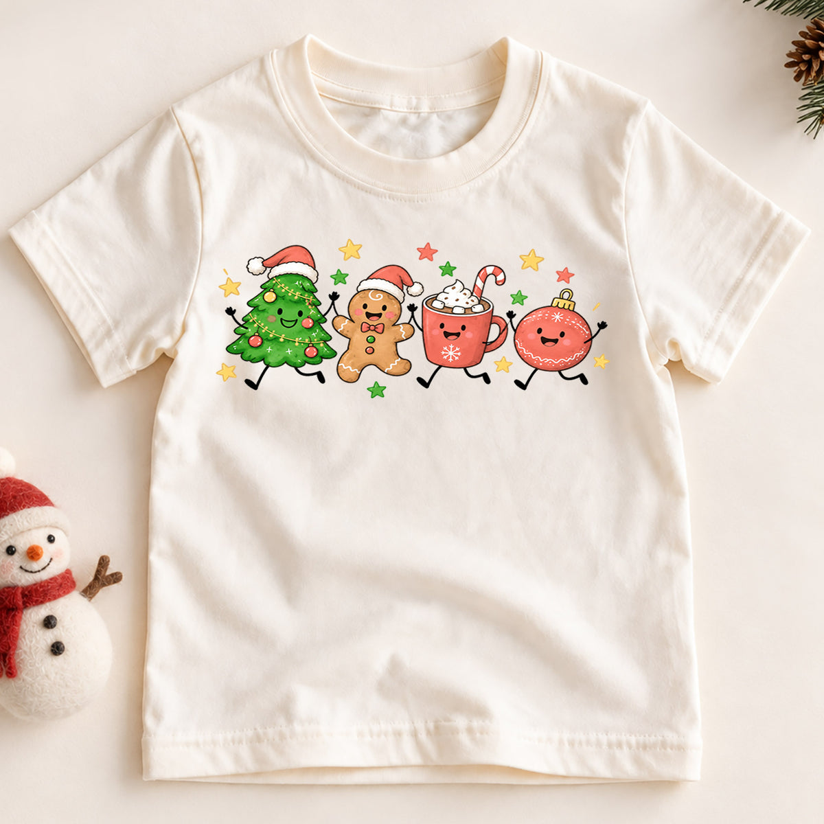 Christmas Characters Kids Shirt, Tree Gingerbread Cocoa Ornament Holiday Tee, Cute Festive Xmas T Shirt for Kids — product view 2