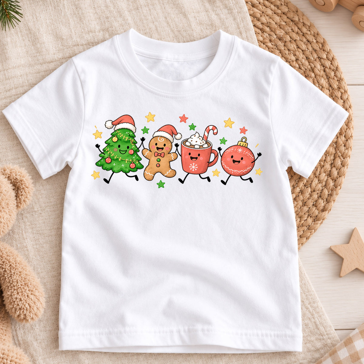 Christmas Characters Kids Shirt, Tree Gingerbread Cocoa Ornament Holiday Tee, Cute Festive Xmas T Shirt for Kids — product view 3