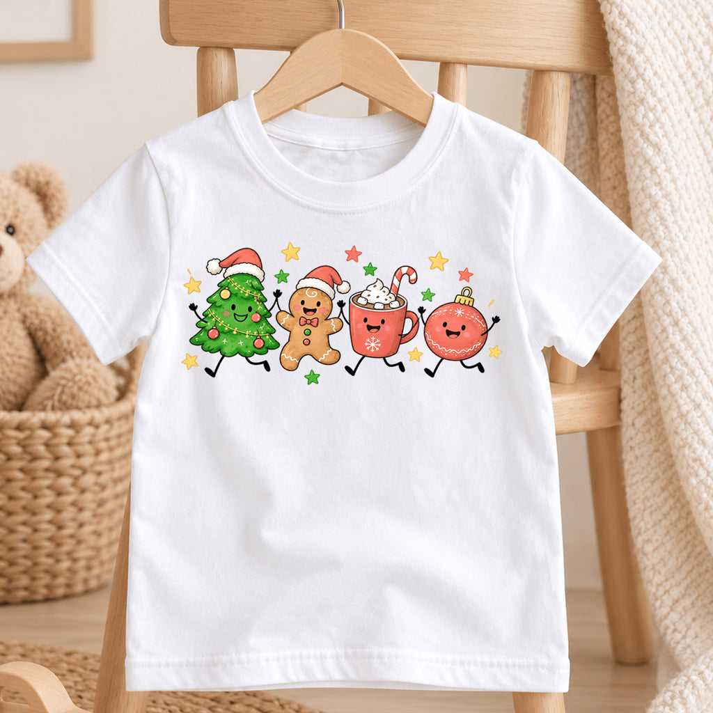 Christmas Characters Kids Shirt, Tree Gingerbread Cocoa Ornament Holiday Tee, Cute Festive Xmas T Shirt for Kids — product view 4