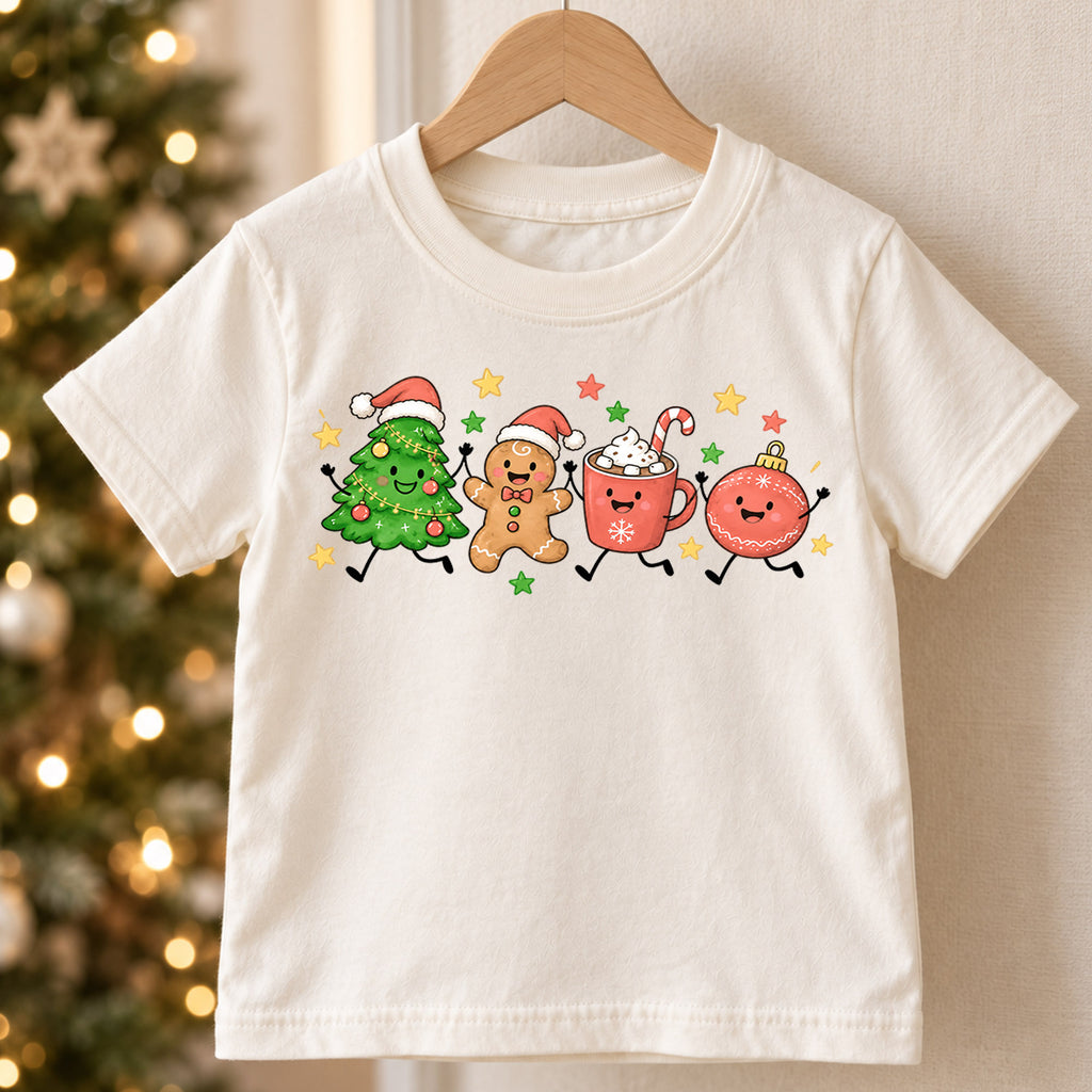 Christmas Characters Kids Shirt, Tree Gingerbread Cocoa Ornament Holiday Tee, Cute Festive Xmas T Shirt for Kids — product view 5
