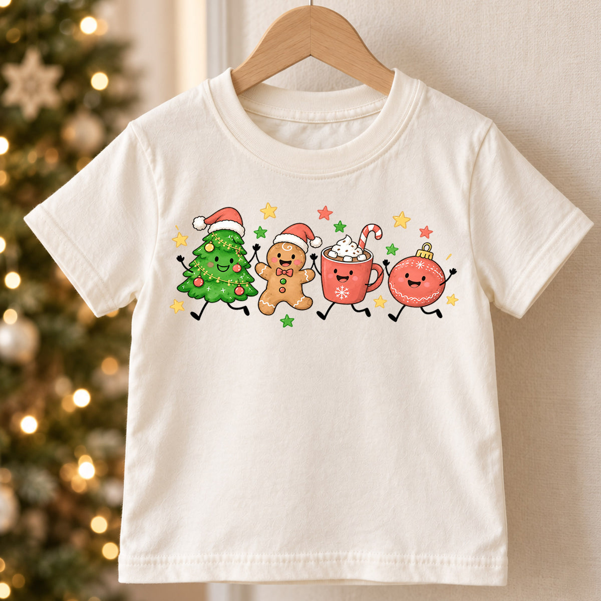 Christmas Characters Kids Shirt, Tree Gingerbread Cocoa Ornament Holiday Tee, Cute Festive Xmas T Shirt for Kids — product view 5