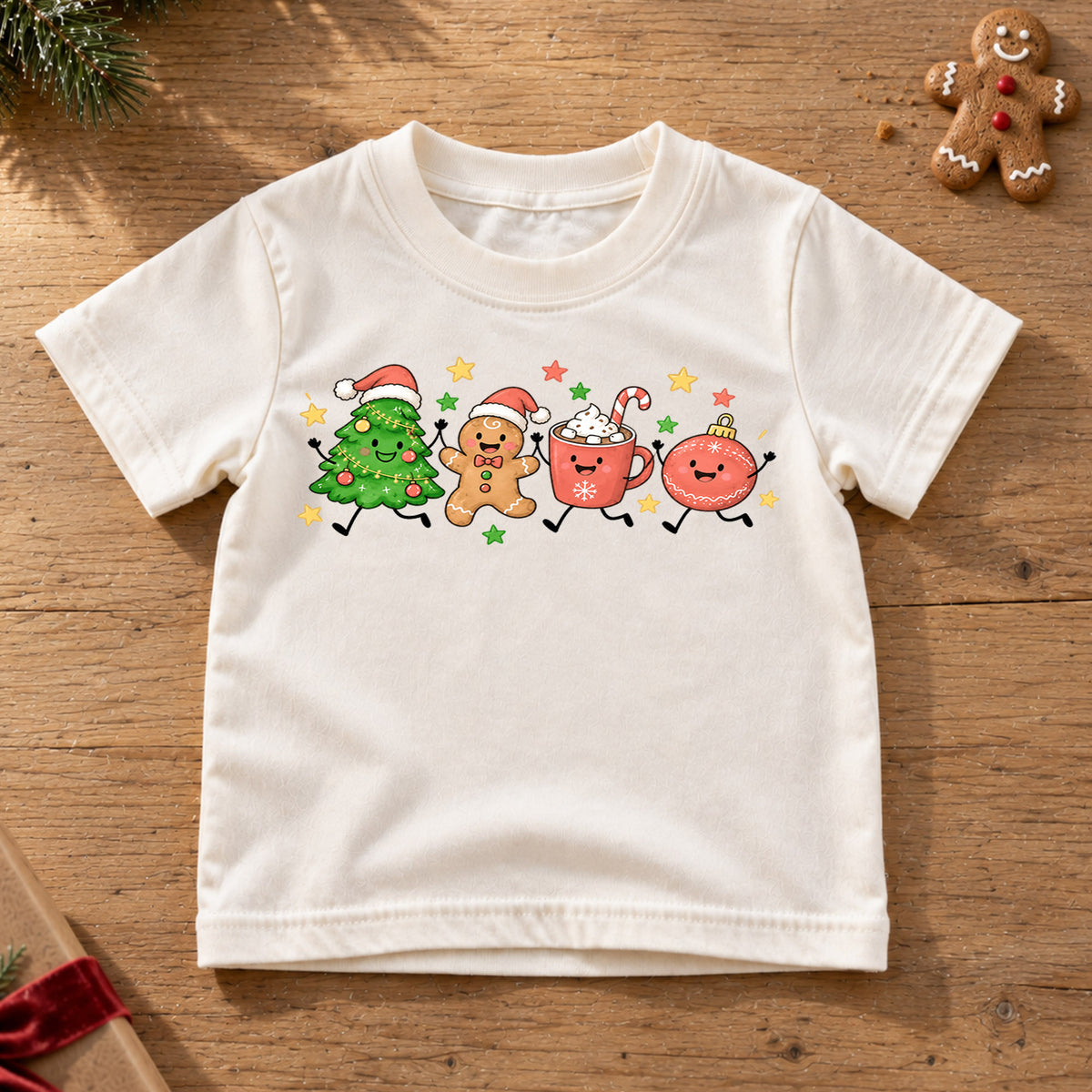 Christmas Characters Kids Shirt, Tree Gingerbread Cocoa Ornament Holiday Tee, Cute Festive Xmas T Shirt for Kids — product view 6