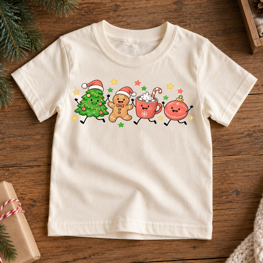 Christmas Characters Kids Shirt, Tree Gingerbread Cocoa Ornament Holiday Tee, Cute Festive Xmas T Shirt for Kids — product view 7