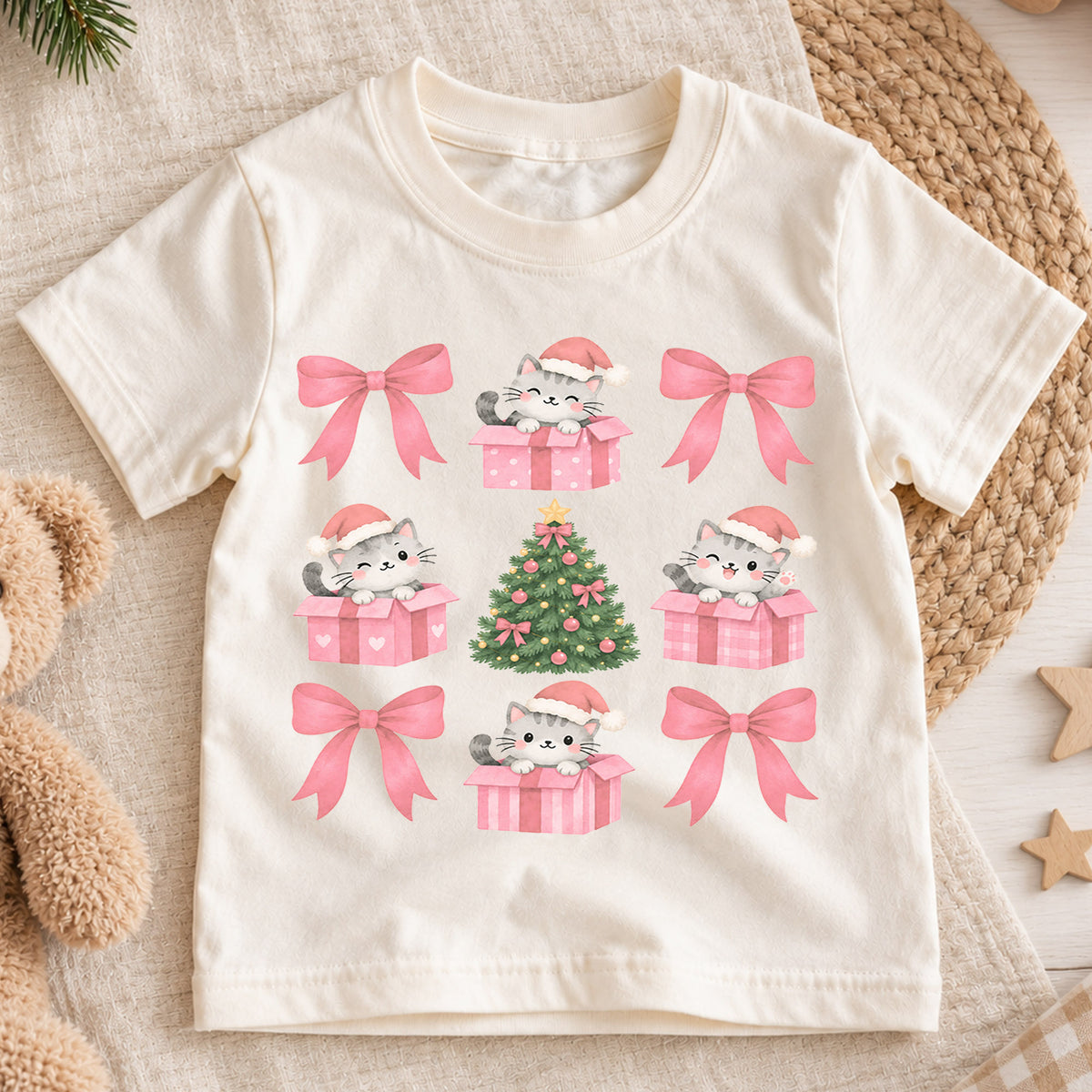 Pink Christmas Cat Kids Shirt, Coquette Bow Kitty Holiday Tee, Cute Christmas Tree T Shirt, Festive Xmas Gift for Girls — product view 1