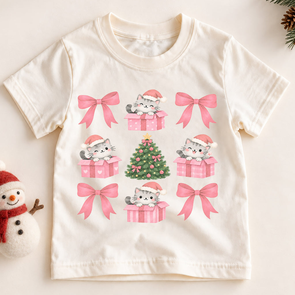 Pink Christmas Cat Kids Shirt, Coquette Bow Kitty Holiday Tee, Cute Christmas Tree T Shirt, Festive Xmas Gift for Girls — product view 2
