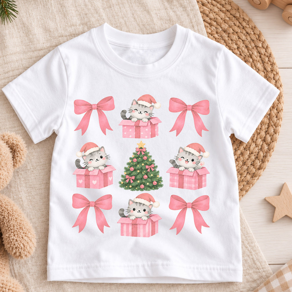 Pink Christmas Cat Kids Shirt, Coquette Bow Kitty Holiday Tee, Cute Christmas Tree T Shirt, Festive Xmas Gift for Girls — product view 3