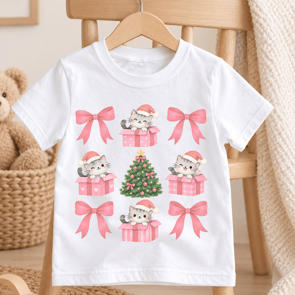 Pink Christmas Cat Kids Shirt, Coquette Bow Kitty Holiday Tee, Cute Christmas Tree T Shirt, Festive Xmas Gift for Girls — product view 4