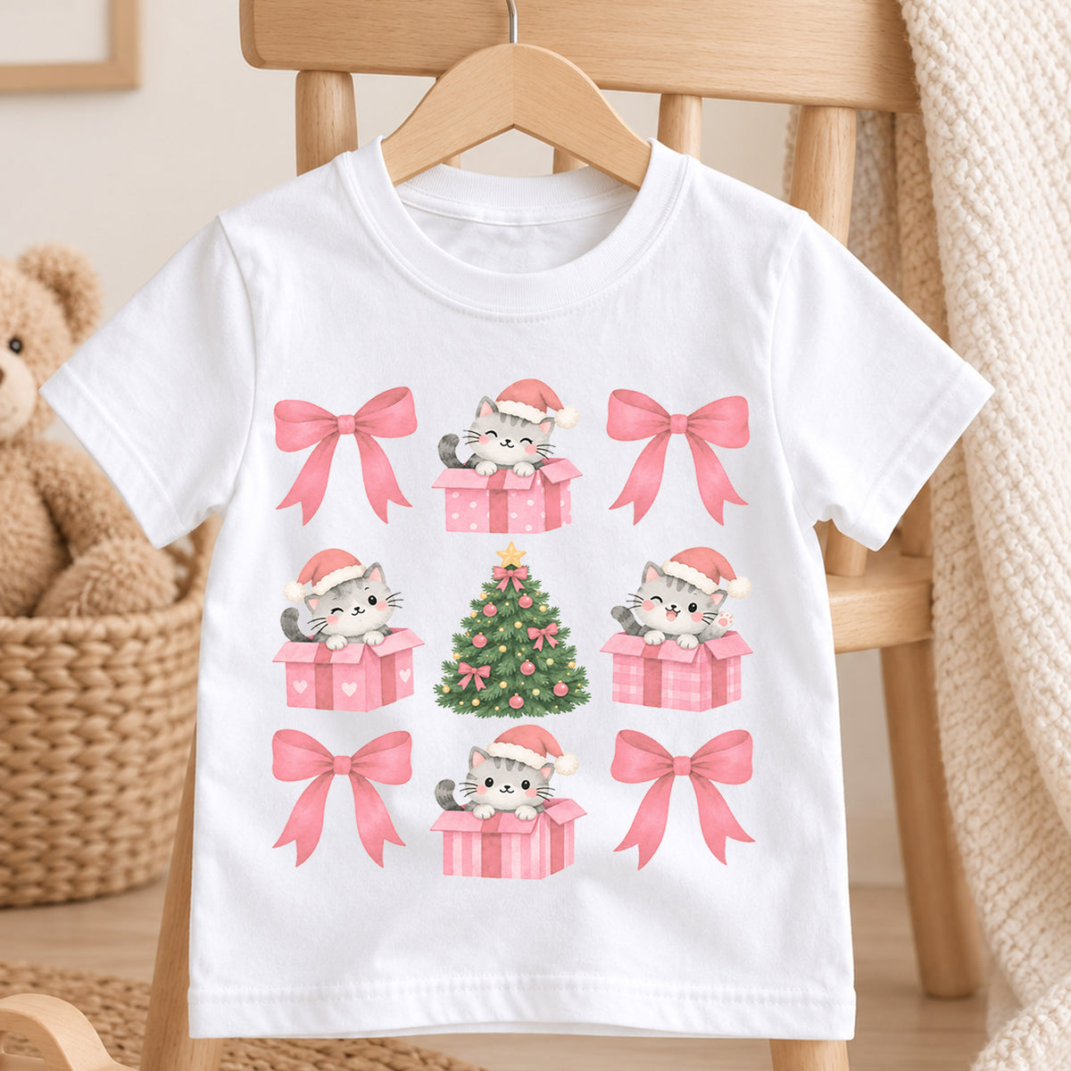 Pink Christmas Cat Kids Shirt, Coquette Bow Kitty Holiday Tee, Cute Christmas Tree T Shirt, Festive Xmas Gift for Girls — product view 4