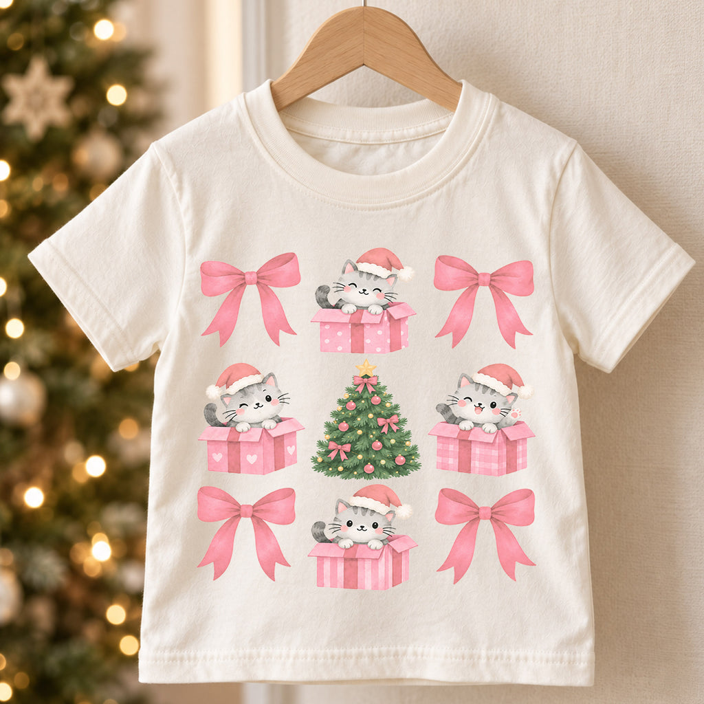 Pink Christmas Cat Kids Shirt, Coquette Bow Kitty Holiday Tee, Cute Christmas Tree T Shirt, Festive Xmas Gift for Girls — product view 5