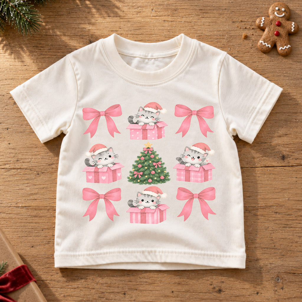 Pink Christmas Cat Kids Shirt, Coquette Bow Kitty Holiday Tee, Cute Christmas Tree T Shirt, Festive Xmas Gift for Girls — product view 6