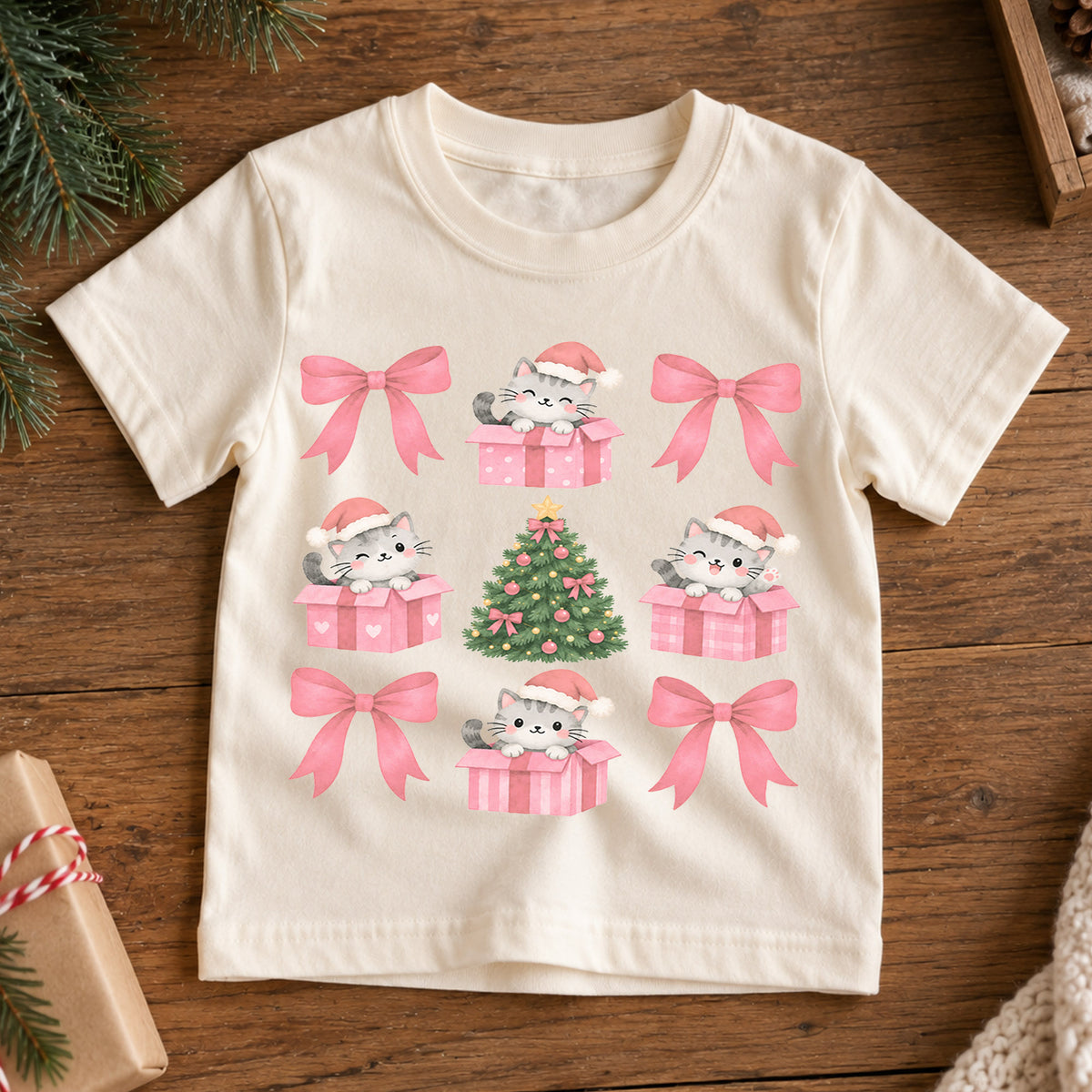 Pink Christmas Cat Kids Shirt, Coquette Bow Kitty Holiday Tee, Cute Christmas Tree T Shirt, Festive Xmas Gift for Girls — product view 7
