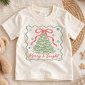 Merry and Bright Girls Christmas Shirt, Bow Christmas Tree Holiday Tee, Coquette Xmas T Shirt, Cute Festive Gift for Girls — product view 1