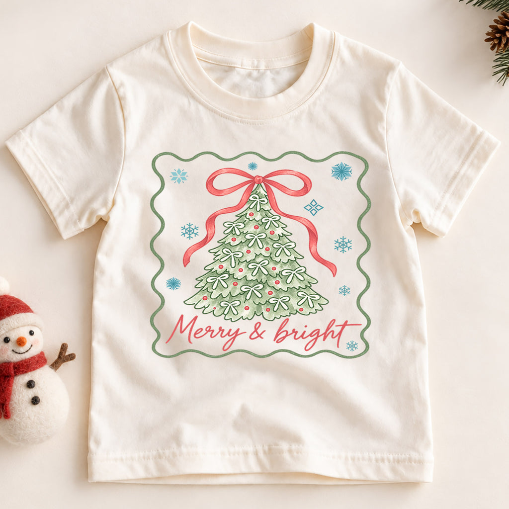 Merry and Bright Girls Christmas Shirt, Bow Christmas Tree Holiday Tee, Coquette Xmas T Shirt, Cute Festive Gift for Girls — product view 2