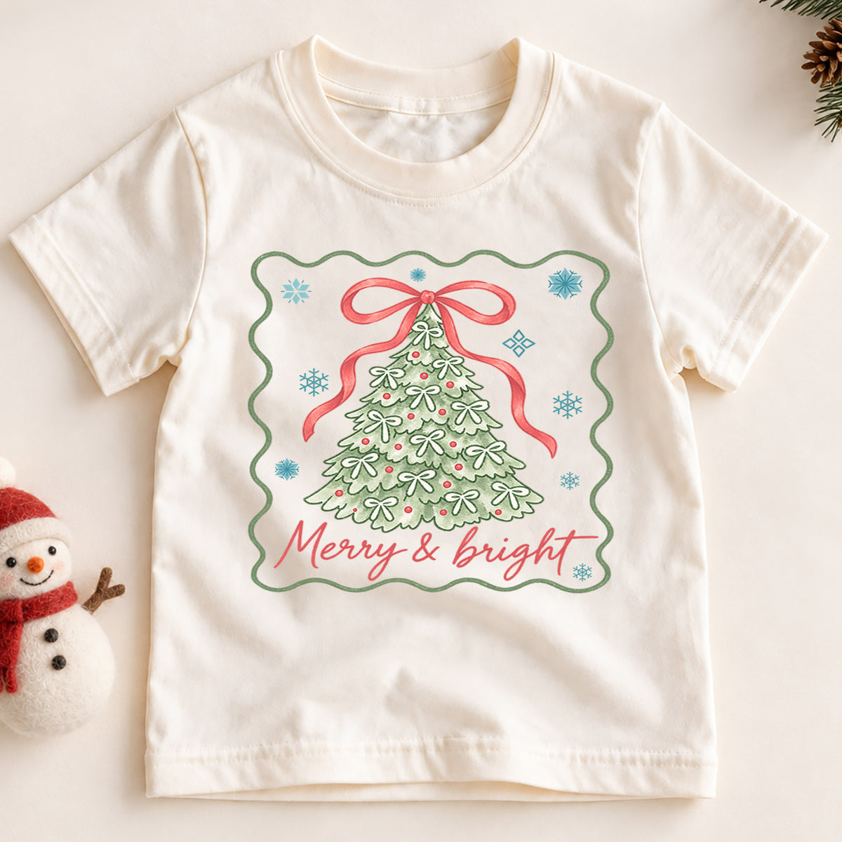 Merry and Bright Girls Christmas Shirt, Bow Christmas Tree Holiday Tee, Coquette Xmas T Shirt, Cute Festive Gift for Girls — product view 2