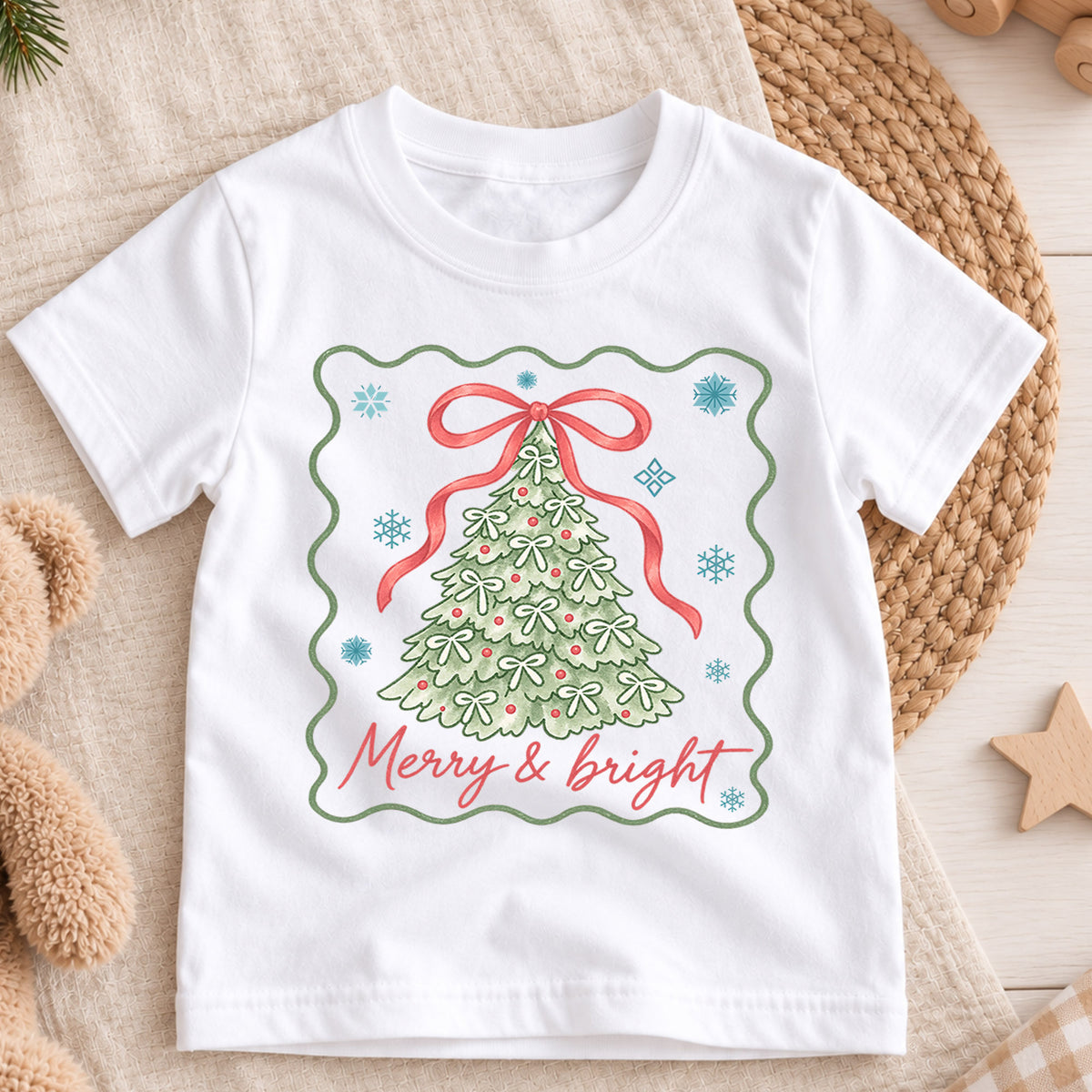 Merry and Bright Girls Christmas Shirt, Bow Christmas Tree Holiday Tee, Coquette Xmas T Shirt, Cute Festive Gift for Girls — product view 3