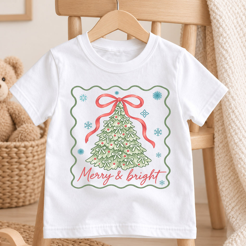 Merry and Bright Girls Christmas Shirt, Bow Christmas Tree Holiday Tee, Coquette Xmas T Shirt, Cute Festive Gift for Girls — product view 4