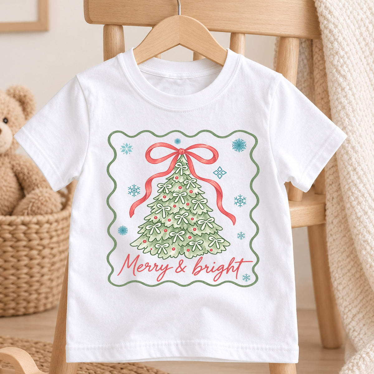 Merry and Bright Girls Christmas Shirt, Bow Christmas Tree Holiday Tee, Coquette Xmas T Shirt, Cute Festive Gift for Girls — product view 4