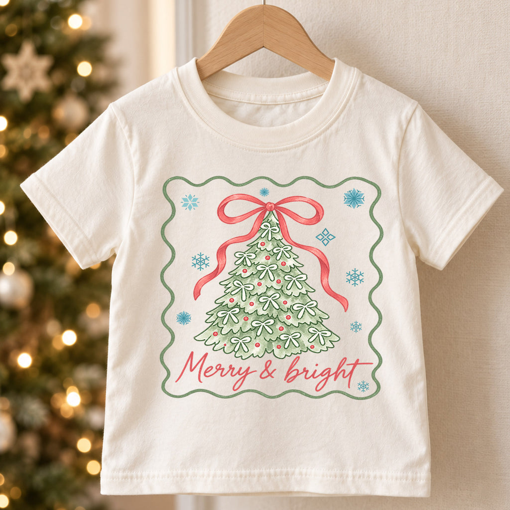 Merry and Bright Girls Christmas Shirt, Bow Christmas Tree Holiday Tee, Coquette Xmas T Shirt, Cute Festive Gift for Girls — product view 5
