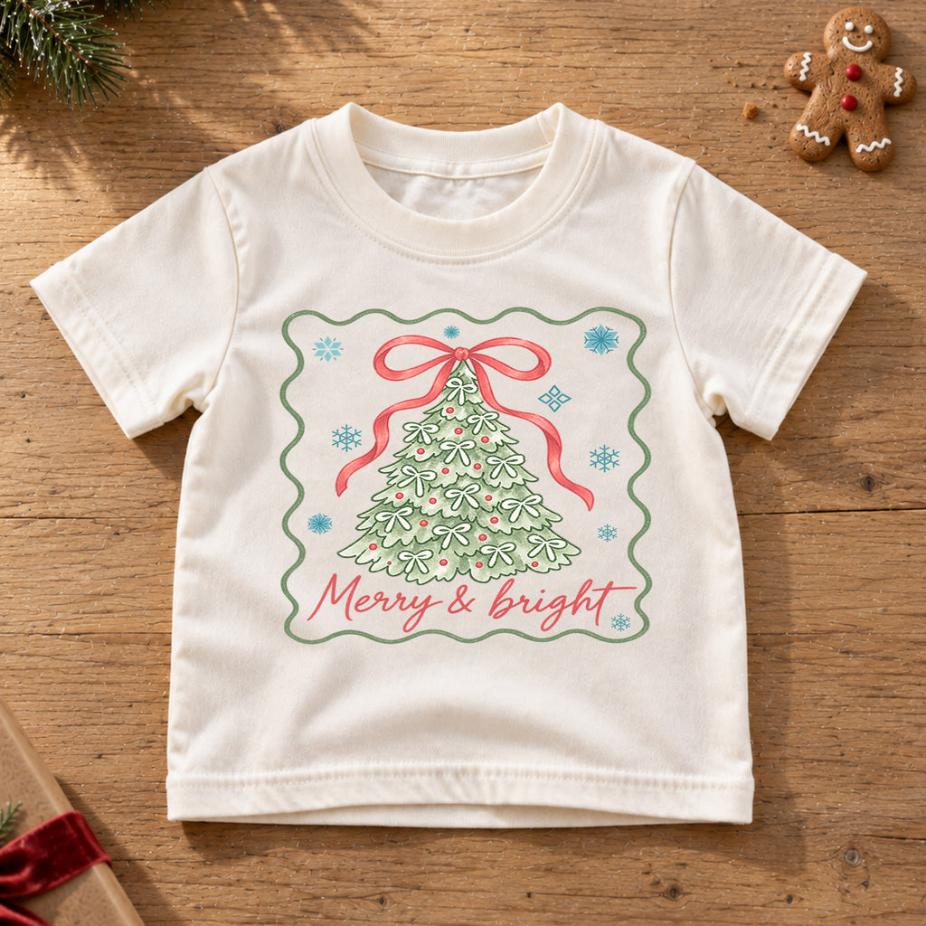 Merry and Bright Girls Christmas Shirt, Bow Christmas Tree Holiday Tee, Coquette Xmas T Shirt, Cute Festive Gift for Girls — product view 6