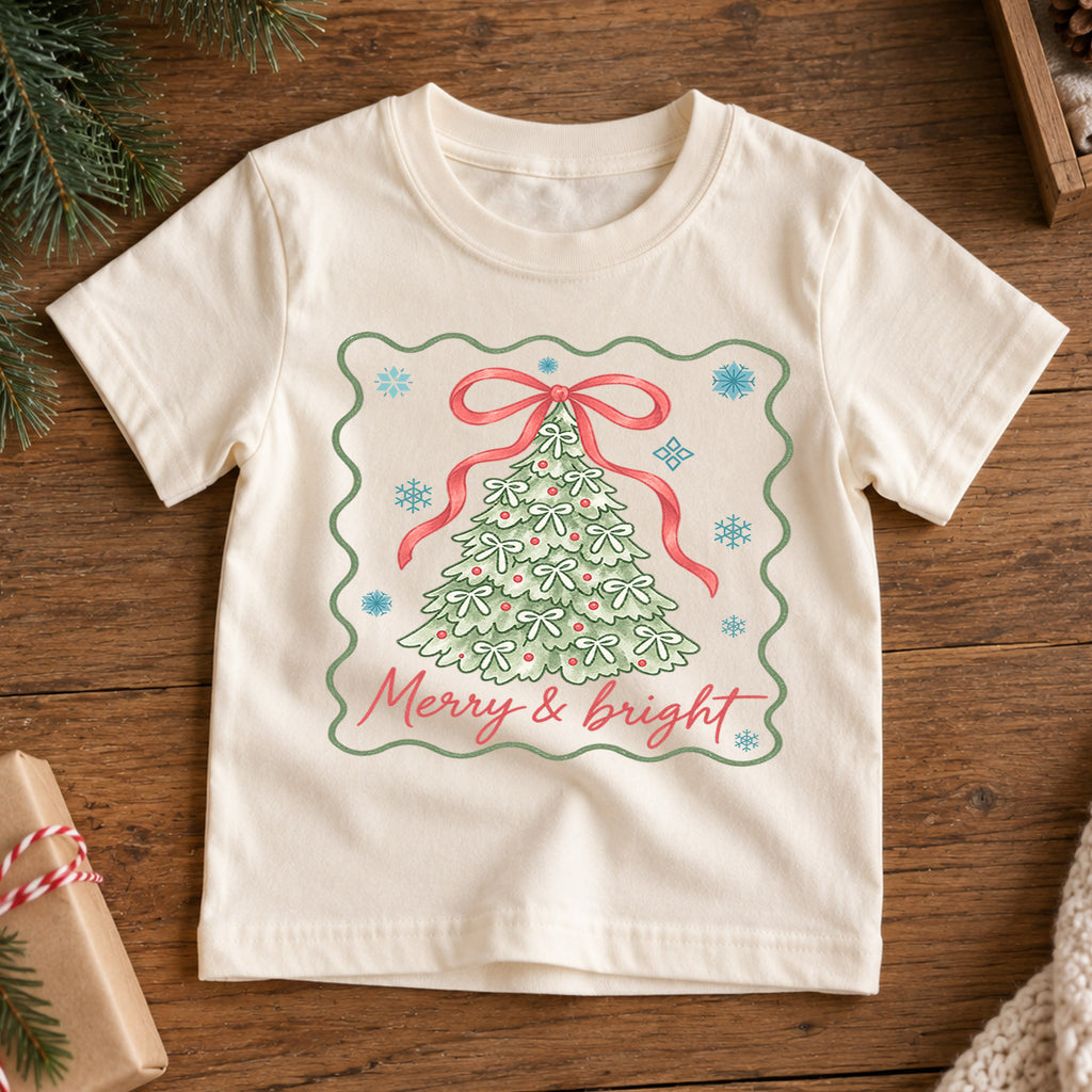 Merry and Bright Girls Christmas Shirt, Bow Christmas Tree Holiday Tee, Coquette Xmas T Shirt, Cute Festive Gift for Girls — product view 7