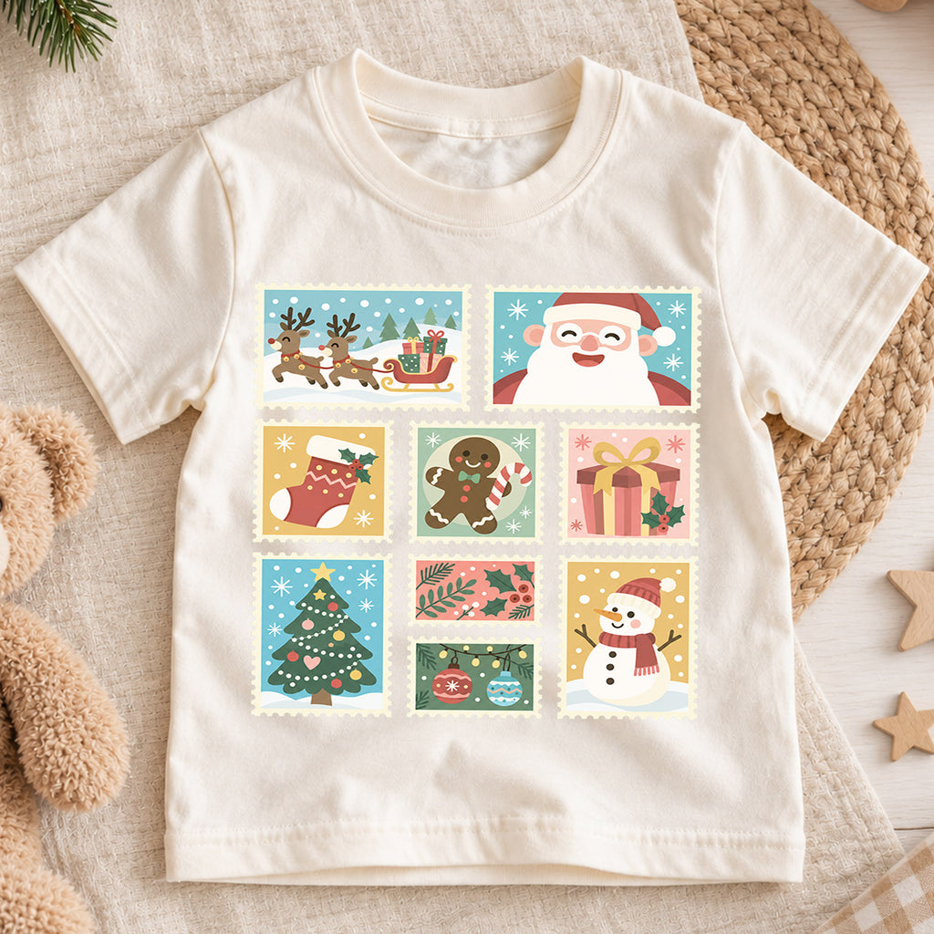 Vintage Christmas Kids Shirt, Holiday Postage Stamp T Shirt, Santa Gingerbread Snowman Tee, Retro Xmas Gift for Kids — product view 1