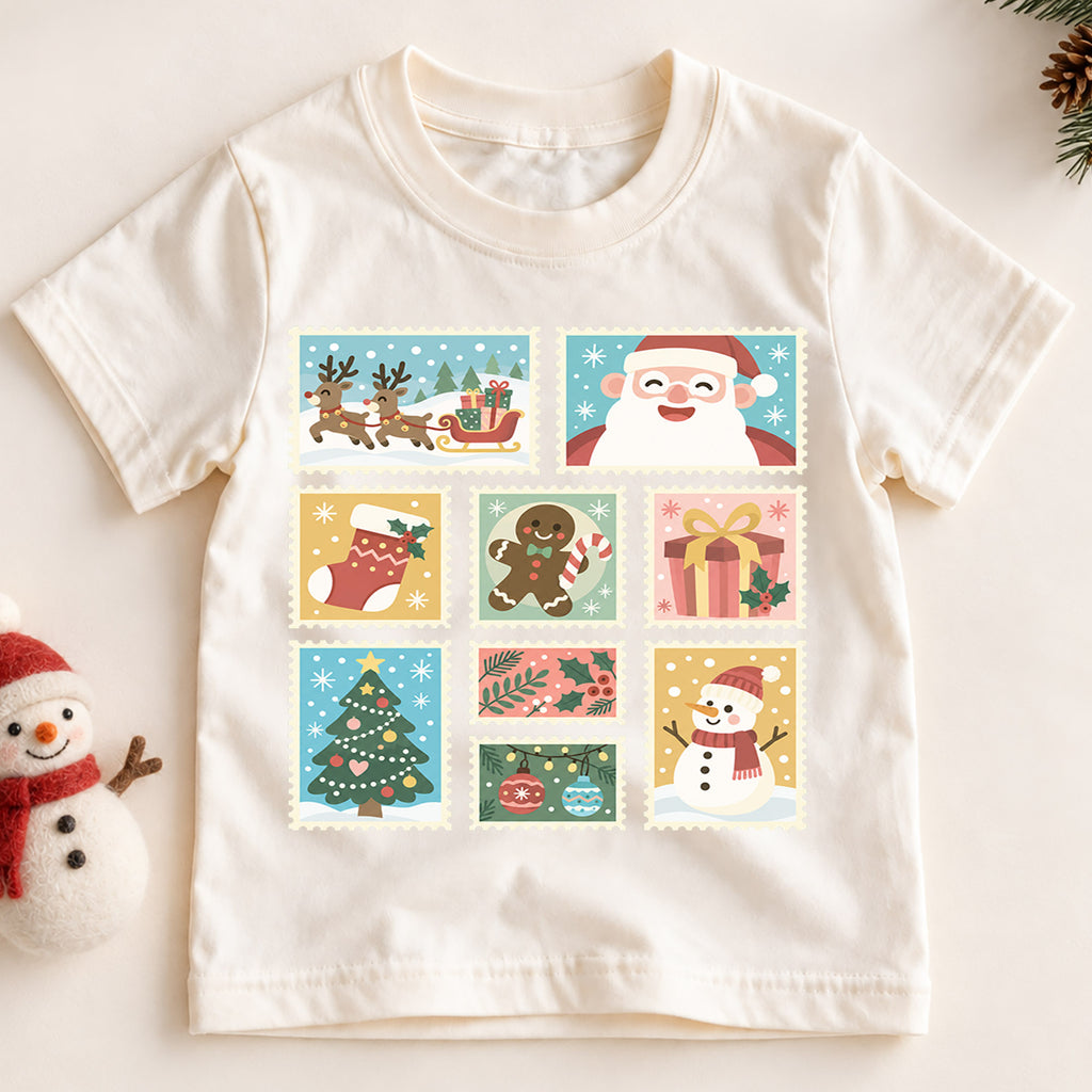 Vintage Christmas Kids Shirt, Holiday Postage Stamp T Shirt, Santa Gingerbread Snowman Tee, Retro Xmas Gift for Kids — product view 2