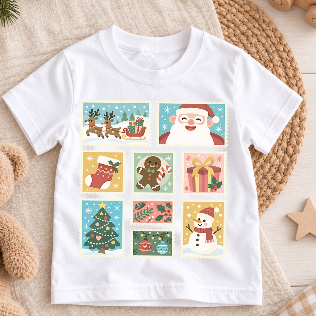 Vintage Christmas Kids Shirt, Holiday Postage Stamp T Shirt, Santa Gingerbread Snowman Tee, Retro Xmas Gift for Kids — product view 3