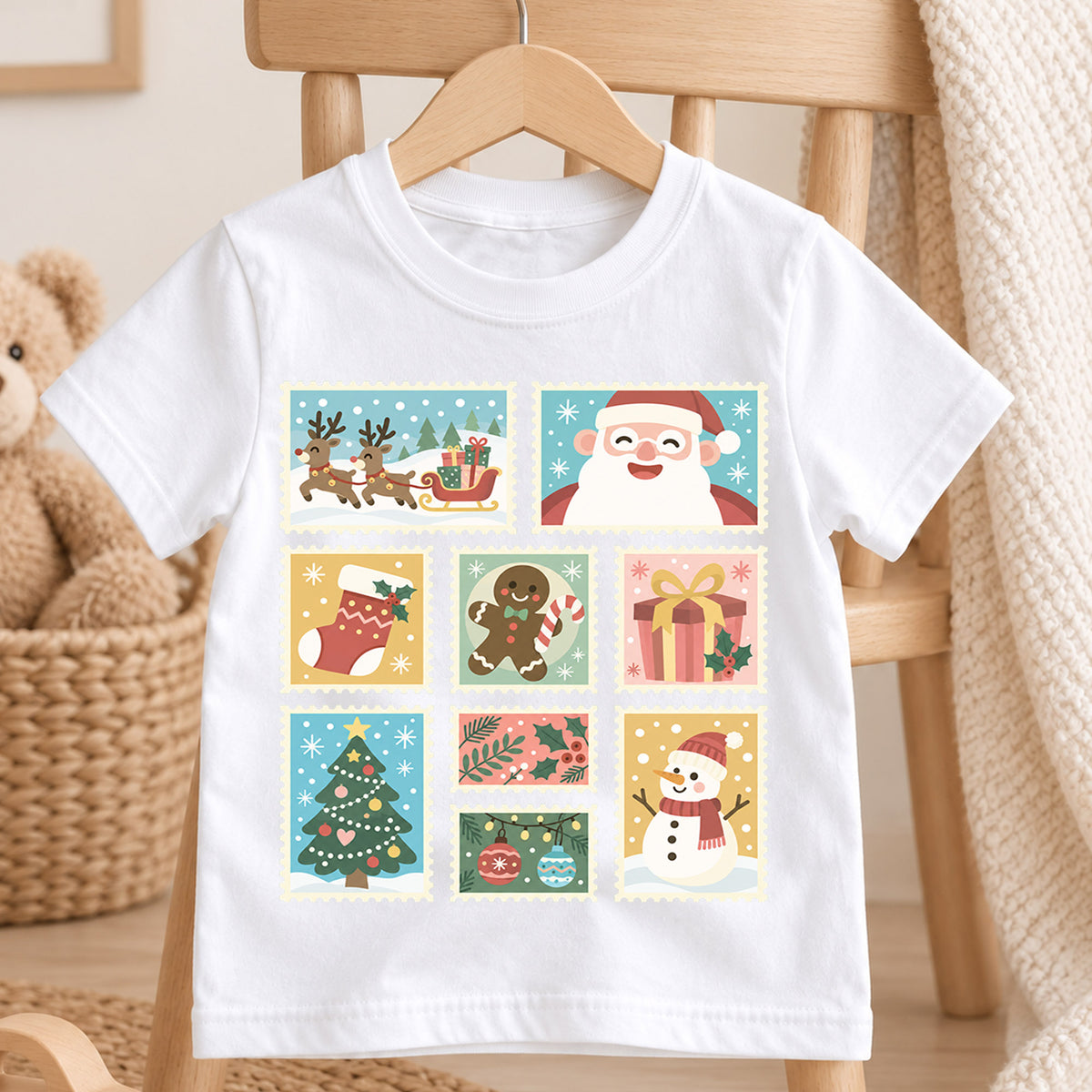 Vintage Christmas Kids Shirt, Holiday Postage Stamp T Shirt, Santa Gingerbread Snowman Tee, Retro Xmas Gift for Kids — product view 4
