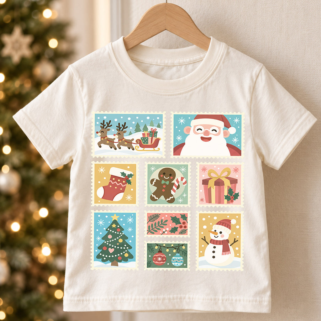 Vintage Christmas Kids Shirt, Holiday Postage Stamp T Shirt, Santa Gingerbread Snowman Tee, Retro Xmas Gift for Kids — product view 5