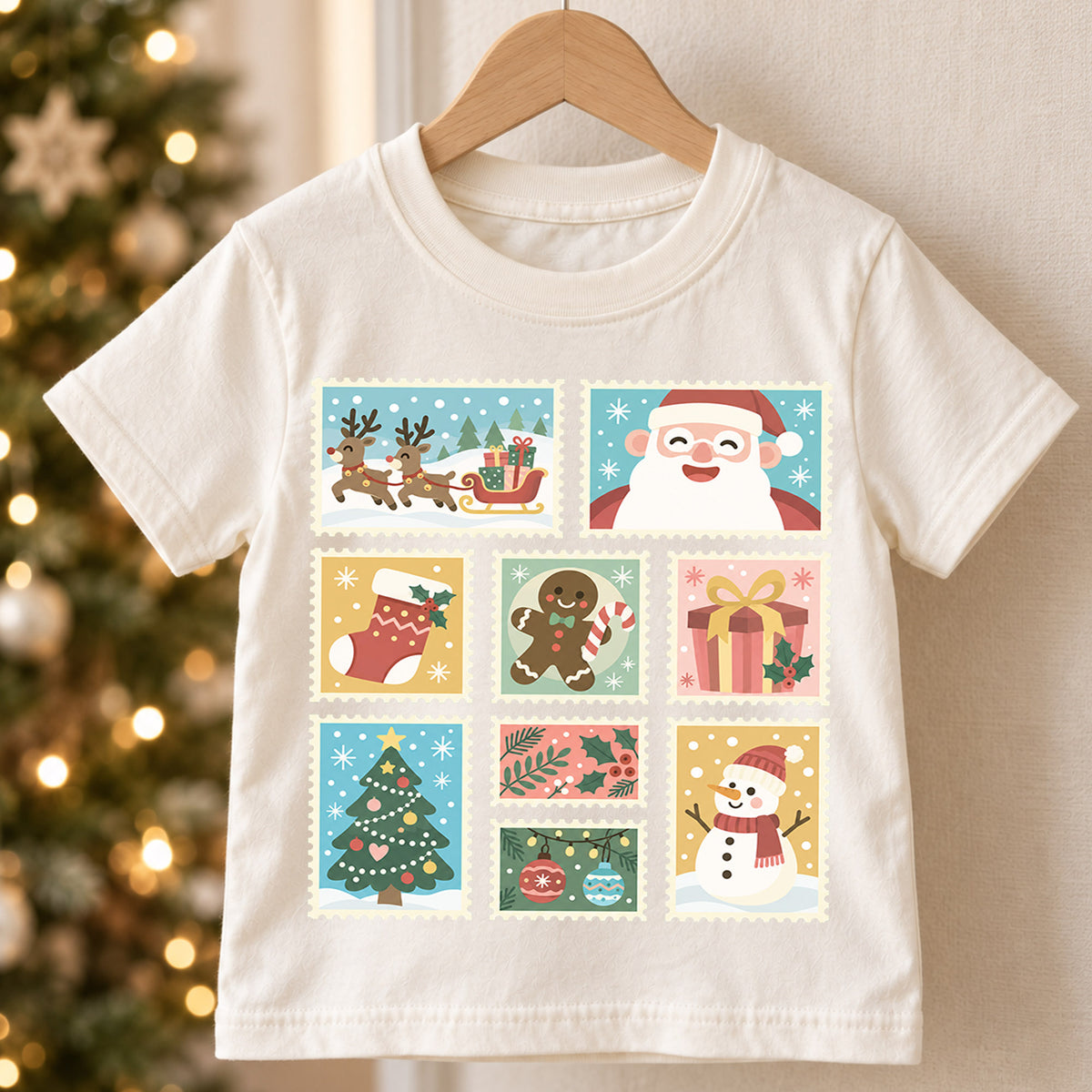 Vintage Christmas Kids Shirt, Holiday Postage Stamp T Shirt, Santa Gingerbread Snowman Tee, Retro Xmas Gift for Kids — product view 5