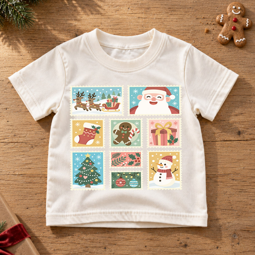 Vintage Christmas Kids Shirt, Holiday Postage Stamp T Shirt, Santa Gingerbread Snowman Tee, Retro Xmas Gift for Kids — product view 6